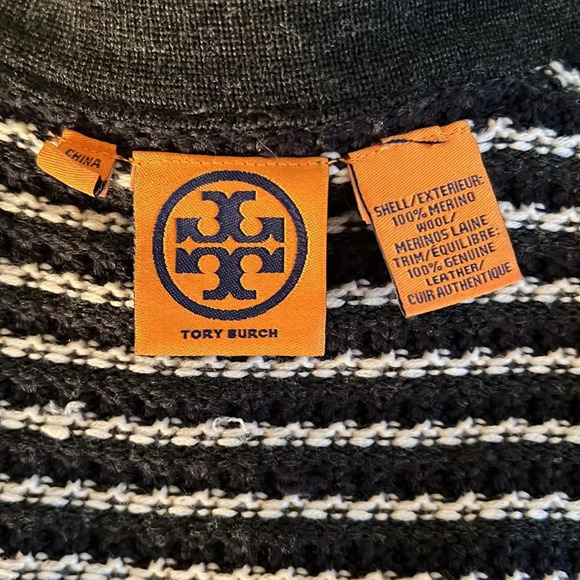 Tory Burch Women’s Houndstooth Blue White Leather Trim Car Coat Sweater Jumper - Picture 10 of 16